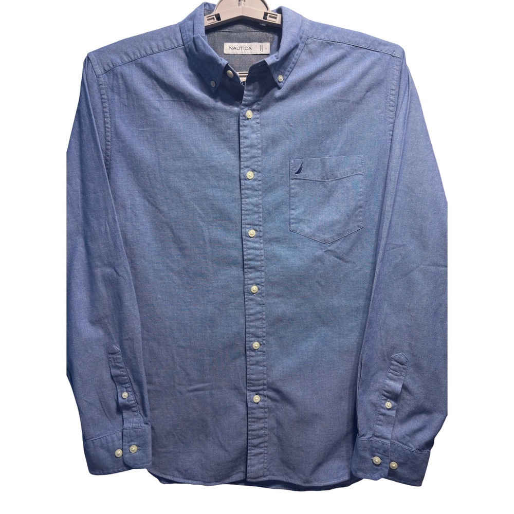Nautica Button Down Shirt Mens Large Blue Excellent Long Sleeve Cotton Chambray